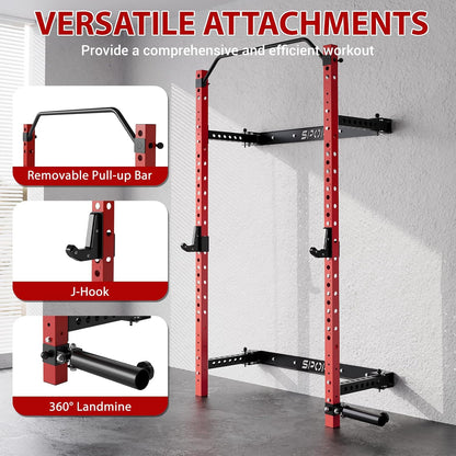 Folding Wall Mounted Squat Rack, 2.36" X 2.36" Power Racks for Home Gym, 1000 LBS Capacity Squat Rack with Pull up Bar, J Hooks and Ladmine Attachments