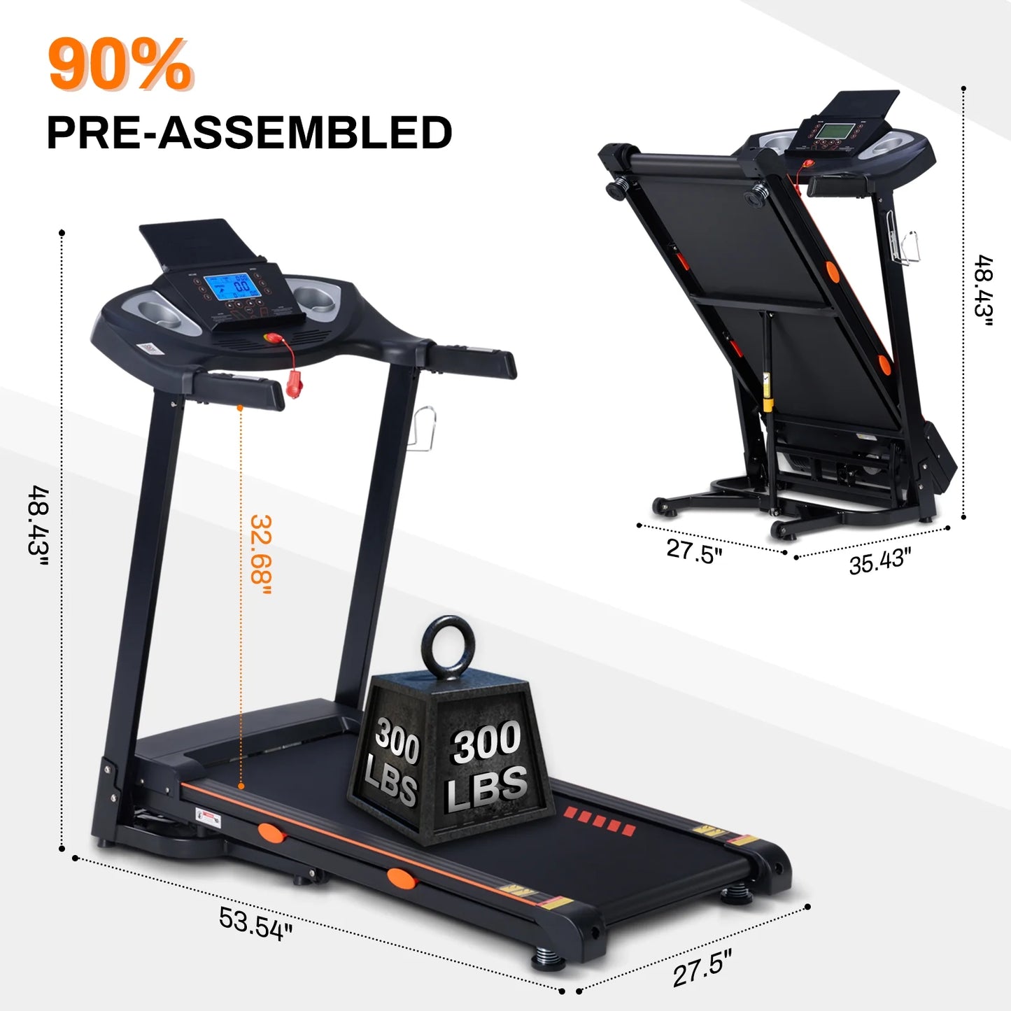 Electric Running Exercise Treadmill, Black, 300 Lb