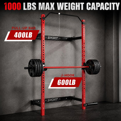 Folding Wall Mounted Squat Rack, 2.36" X 2.36" Power Racks for Home Gym, 1000 LBS Capacity Squat Rack with Pull up Bar, J Hooks and Ladmine Attachments