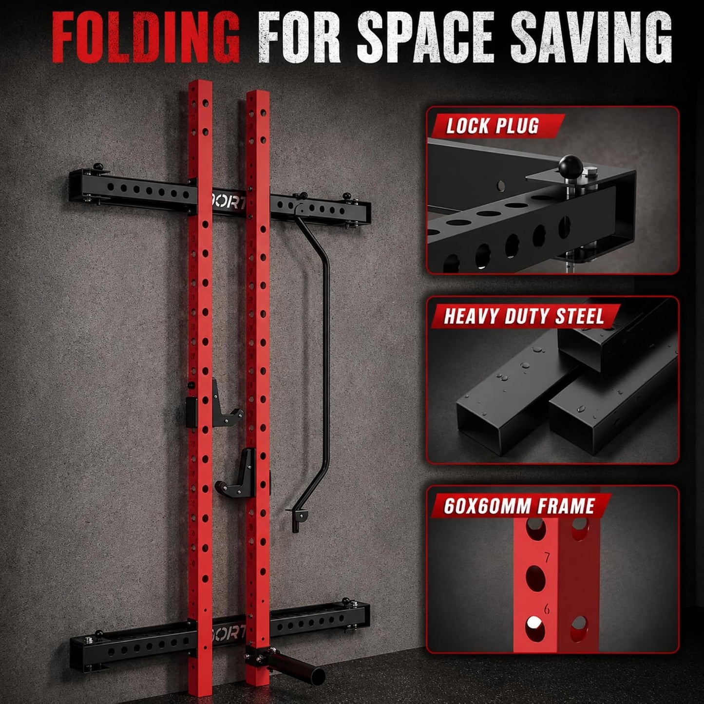 Folding Wall Mounted Squat Rack, 2.36" X 2.36" Power Racks for Home Gym, 1000 LBS Capacity Squat Rack with Pull up Bar, J Hooks and Ladmine Attachments