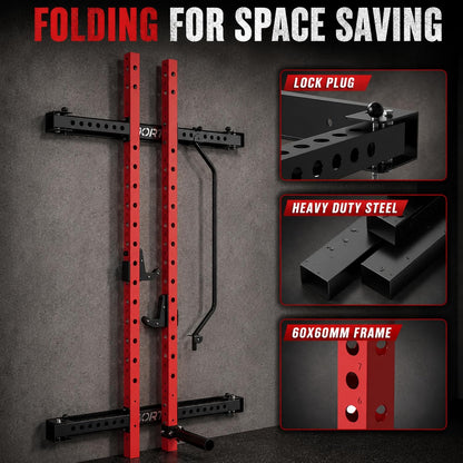 Folding Wall Mounted Squat Rack, 2.36" X 2.36" Power Racks for Home Gym, 1000 LBS Capacity Squat Rack with Pull up Bar, J Hooks and Ladmine Attachments