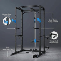 Power Cage Multi-Functional J-Hooks, Dip Handles, Landmine, Cable Pulley for Home Gym — infographic