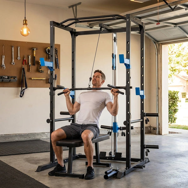 Power Cage Built for Full-Body Training, J-Hooks, Dip Handles, Cable Pulley, Laser-Cut Steel Frame