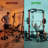 SR01 Smith Machine, 2000LBS Multi-Function Power Cage with LAT Pulldown System, All-In-One Home Gym Squat Rack with Smith Bar and Training Attachments for Full Body Workouts — Before & After