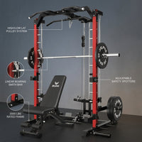 SR01 Smith Machine, 2000LBS Multi-Function Power Cage with LAT Pulldown System, All-In-One Home Gym Squat Rack with Smith Bar and Training Attachments for Full Body Workouts — infographic