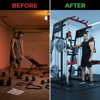 Smith Machine Home Gym, 2200LB Power Cage with Dual Pulley Cable Systems, LAT Pull-Down, Leg Hold-Down & 20+ Attachments for Full Body Workouts — Before & After