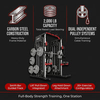 Smith Machine Home Gym, 2200LB Power Cage with Dual Pulley Cable Systems, LAT Pull-Down, Leg Hold-Down & 20+ Attachments for Full Body Workouts — Results & Stats
