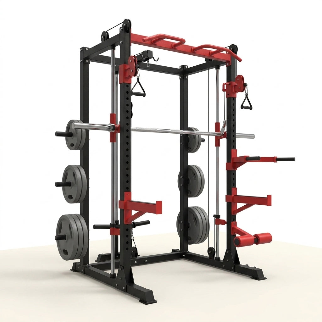 Smith Machine Home Gym, 2200LB Power Cage with Dual Pulley Cable Systems, LAT Pull-Down, Leg Hold-Down & 20+ Attachments for Full Body Workouts — Studio Shot