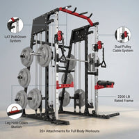 Smith Machine Home Gym, 2200LB Power Cage with Dual Pulley Cable Systems, LAT Pull-Down, Leg Hold-Down & 20+ Attachments for Full Body Workouts — infographic