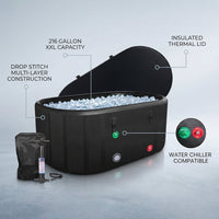 XXL Drop Stitch Ice Bath Tub for Recovery 216 Gal, Compatible with Water Chillers, Cold Plunge Tub with Insulated Lid, Multi-Layer Portable Bathtub for Cold Water Therapy(59In*32.2In*27In) — infographic