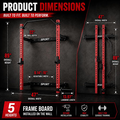 Folding Wall Mounted Squat Rack, 2.36" X 2.36" Power Racks for Home Gym, 1000 LBS Capacity Squat Rack with Pull up Bar, J Hooks and Ladmine Attachments