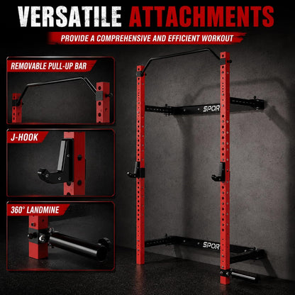 Folding Wall Mounted Squat Rack, 2.36" X 2.36" Power Racks for Home Gym, 1000 LBS Capacity Squat Rack with Pull up Bar, J Hooks and Ladmine Attachments