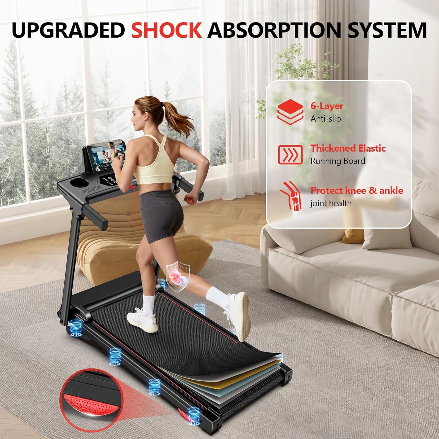 Treadmill with 0-15% Auto Incline, 0.6-7.5MPH Foldable Walking Pad Treadmill with Handle Bar for Home Small, 3.0HP Low Noise Portable Walking Running Machine for Small Space, 350LBS Capacity
