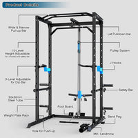 Power Cage Multi-Functional J-Hooks, Dip Handles, Landmine, Cable Pulley for Home Gym